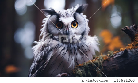 A close up of a Northern White Faced Owl, perched on moss covered post.=- 115681266