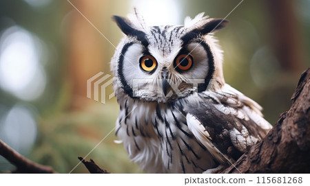 A close up of a Northern White Faced Owl, perched on moss covered post.=- A close up of a Northern White Faced Owl, perched on moss covered post.=- 115681268