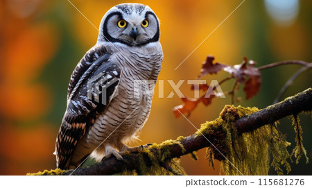 Northern Hawk Owl Perched on Top of the Pine Tree 115681276