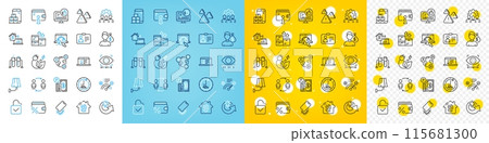 Vector icons set of Work home, Id card and Mobile inventory line icons pack for web with Chemistry beaker, Wholesale goods, Smartphone broken outline icon. Correct answer. Vector 115681300