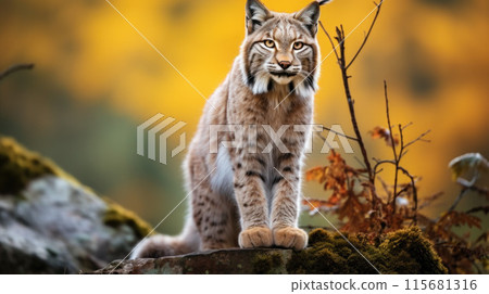 Lynx in winter. Young Eurasian lynx, walks in snowy beech forest. Beautiful wild cat in nature 115681316
