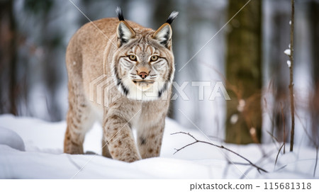 Lynx in winter. Young Eurasian lynx, walks in snowy beech forest. Beautiful wild cat in nature 115681318
