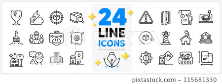 Icons set of Warning, Home and Diesel station line icons pack for app with Fragile package, Builder warning, Brush thin outline icon. Lighthouse, Cogwheel, Court building pictogram. Vector Icons set of Warning, Home and Diesel station line icons pack for app with Fragile package, Builder warning, Brush thin outline icon. Lighthouse, Cogwheel, Court building pictogram. Vector 115681330
