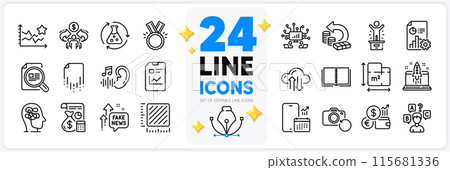 Icons set of Cash back, Fake news and Report document line icons pack for app with Start business, Recovery photo, Floor plan thin outline icon. Stress, Report, Teamwork pictogram. Vector 115681336