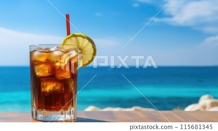 Summer cocktails, sea resort concept. Glass of iced tea. Long island cocktail on tropical beach 115681345