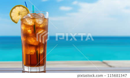 Summer cocktails, sea resort concept. Glass of iced tea. Long island cocktail on tropical beach Summer cocktails, sea resort concept. Glass of iced tea. Long island cocktail on tropical beach 115681347