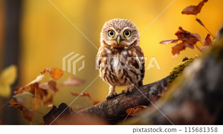 Little owl (Athene noctua) sitting on dry autumn tree. Autumn forest in background. Little owl portrait. Owl sitting on branch. Owl on tree 115681358