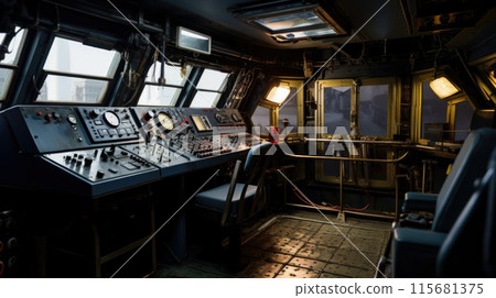 View of the control console on the navigational bridge of the cargo container ship 115681375
