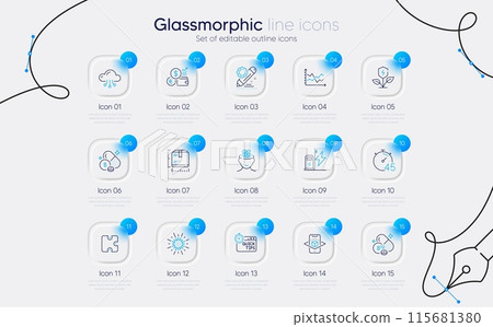 Set of Diagram chart, Timer and Eco power line icons for web app. Augmented reality, Coronavirus, Currency rate icons. Cloud computing, Boron mineral, Anxiety signs. Project edit. Vector 115681380