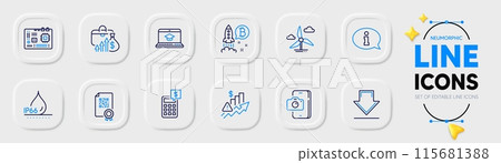 Bitcoin project, Phone photo and Waterproof line icons for web app. Pack of Qr code, Windmill turbine, Website education pictogram icons. Salary, Rise price, Motherboard signs. Vector 115681388