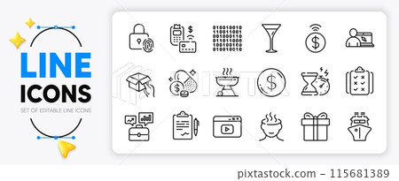 Video content, Clipboard and Ship line icons set for app include Pos terminal, Binary code, Business portfolio outline thin icon. Gift box, Medicine price, Hourglass timer pictogram icon. Vector Video content, Clipboard and Ship line icons set for app include Pos terminal, Binary code, Business portfolio outline thin icon. Gift box, Medicine price, Hourglass timer pictogram icon. Vector 115681389