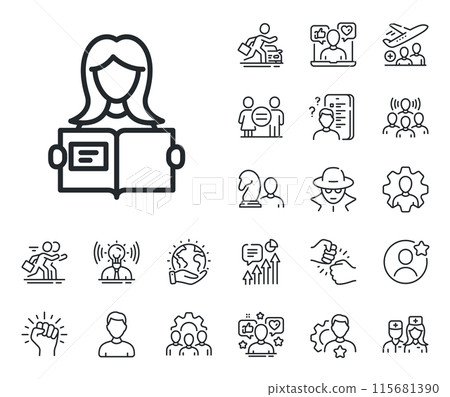 Education symbol. Specialist, doctor and job competition outline icons. Woman read a Book line icon. Instruction or E-learning sign. Woman read line sign. Avatar placeholder, spy headshot icon. Vector 115681390
