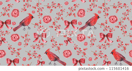 Christmas forest berries, red cardinal birds, Seamless pattern, watercolor hand drawn illustration. for fabric, textile, wallpaper. Grey background 115681416