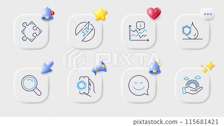Waterproof, Search and Chart line icons. Buttons with 3d bell, chat speech, cursor. Pack of Electric energy, Covid app, Smile icon. Strategy, Lgbt pictogram. For web app, printing. Vector 115681421