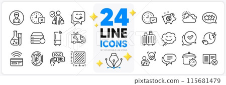 Icons set of Reject book, Recovery server and Boiling pan line icons pack for app with Buyer insurance, Stars, Approved thin outline icon. Person, Piggy sale, Bid offer pictogram. Vector Icons set of Reject book, Recovery server and Boiling pan line icons pack for app with Buyer insurance, Stars, Approved thin outline icon. Person, Piggy sale, Bid offer pictogram. Vector 115681479