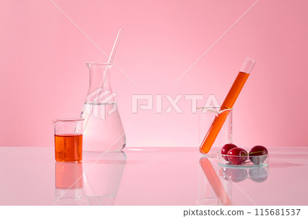 Laboratory concept photo with cherry ingredient, some lab items displayed on white countertop against pink background. Blank space for designing and adding text, front view Laboratory concept photo with cherry ingredient, some lab items displayed on white countertop against pink background. Blank space for designing and adding text, front view 115681537