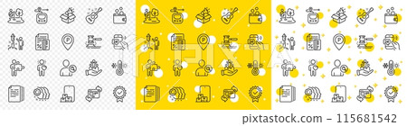 Outline Online storage, Puzzle and Credit card line icons pack for web with Fireworks, Friend, Copy documents line icon. Guitar, Find user, Certificate pictogram icon. Metro, Parking. Vector 115681542