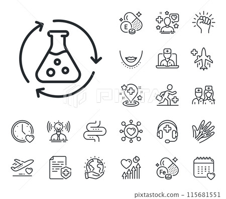 Laboratory flask sign. Online doctor, patient and medicine outline icons. Chemistry experiment line icon. Analysis symbol. Chemistry experiment line sign. Vector 115681551