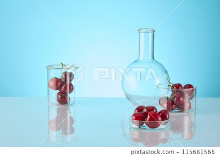 Pastel blue background photo with fresh sweet cherry contained in lab glassware. Photo of front angle shot with many spaces for adding elements of designing and text 115681568