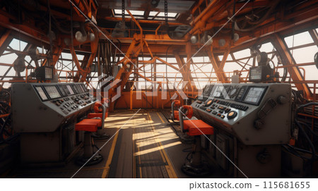 View of the control console on the navigational bridge of the cargo container ship 115681655