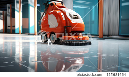 Floor care and cleaning services with washing machine in supermarket shop store 115681664