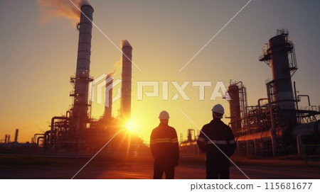 Silhouette of Teams engineer and foreman working at petrochemical oil refinery in sunset 115681677