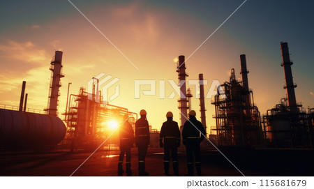 Silhouette of Teams engineer and foreman working at petrochemical oil refinery in sunset 115681679