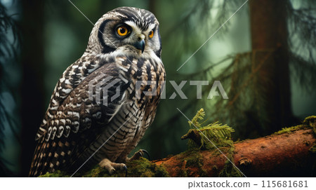 Northern Hawk Owl Perched on the Pine Tree Northern Hawk Owl Perched on the Pine Tree 115681681