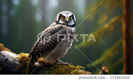 Northern Hawk Owl Perched on the Pine Tree 115681683