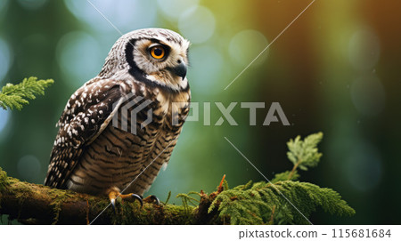 Northern Hawk Owl Perched on the Pine Tree 115681684