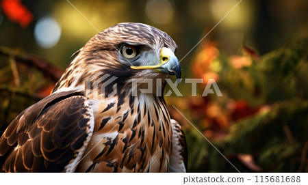 Red-Tailed Hawk perched on a branch in a forest Red-Tailed Hawk perched on a branch in a forest 115681688