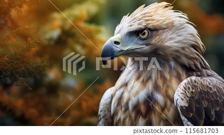 Golden eagle looking around. A majestic golden eagle takes in its surroundings from its spot amongst moorland vegetation 115681703