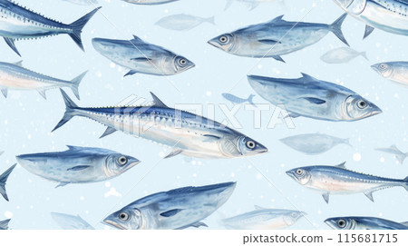 Fish pattern on blue background. Top view. Creative design for packaging. Food seamless pattern. Seafood, dorado fish concept 115681715