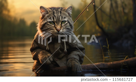 A beige cat fisher with a fishing rod caught a trout. In a forest river A beige cat fisher with a fishing rod caught a trout. In a forest river 115681727