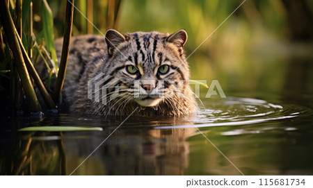 Fishing Cat, prionailurus viverrinus, Adult standing in Water 115681734