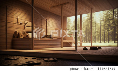 Beautiful house with a sauna in a forest and a beautiful design of the house 115681735