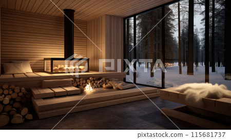 Beautiful house with a sauna in a forest and a beautiful design of the house 115681737