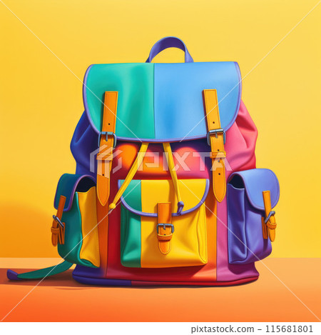 Multicolor backpack on yellow background. Copy space. Back to school, education, learning concept 115681801
