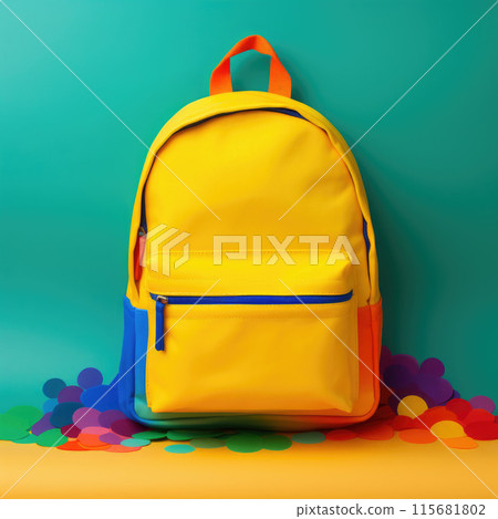 Multicolor backpack on yellow background. Copy space. Back to school, education, learning concept Multicolor backpack on yellow background. Copy space. Back to school, education, learning concept 115681802
