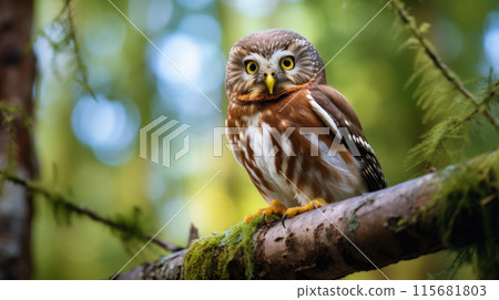 A Northern pygmy owl on the hunt 115681803