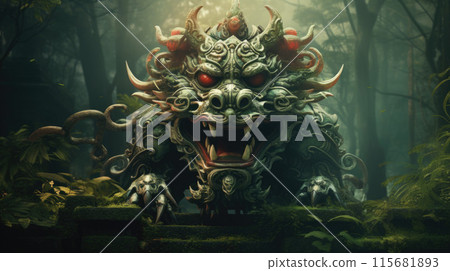 Fantasy art portrait real dragon head close-up sharp teeth beautiful eyes muzzle in dark gray-green scales 115681893