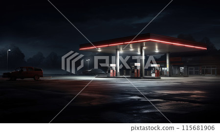 Horizontal shot of a generic unbranded gas station at night 115681906