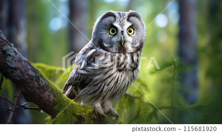 Wild Boreal or Tengmalm's Owl active in daylight, in the open, full body visible 115681920