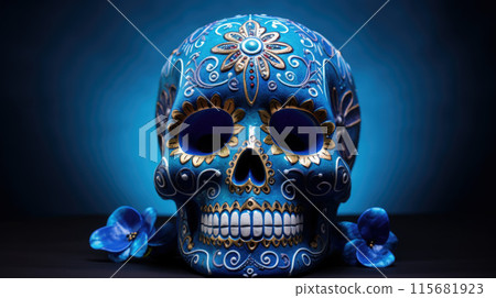 Typical Mexican skull painted isolated on blue background. Panorama view. Dia de los muertos 115681923