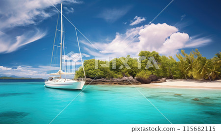 amazing view to yacht, swimming woman and clear water caribbean paradise 115682115