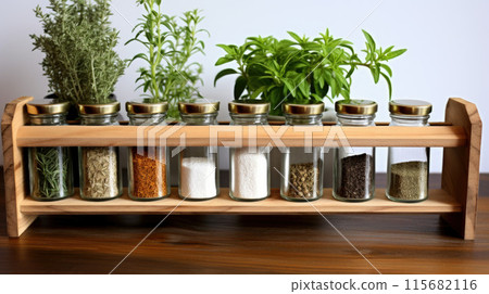 Wooden rack spices storage in the jars on white background 115682116