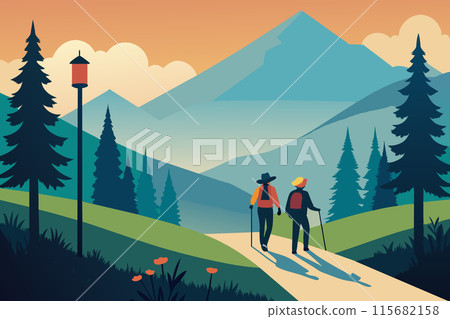 Hiking adventure scene in flat style. Hiker traveling on the wild landscape, with mountains Hiking adventure scene in flat style. Hiker traveling on the wild landscape, with mountains 115682158