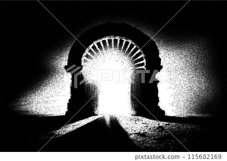 Ancient ruins in sci-fi scene with dotwork retro style. Mysterious gate debris with dramatic lights and retro texture 115682169