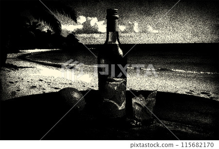 Bottle with fruit water or alcohol in the sand of the beach. Vacation scene with lemonade bottle on the shore line, in retro dotwork style 115682170
