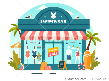 Swimwear Vector Illustration featuring a Variety of Bikini and Swimsuit Designs for Both Women and Men at the Summer Beach in a Flat Style Background Swimwear Vector Illustration featuring a Variety of Bikini and Swimsuit Designs for Both Women and Men at the Summer Beach in a Flat Style Background 115682184